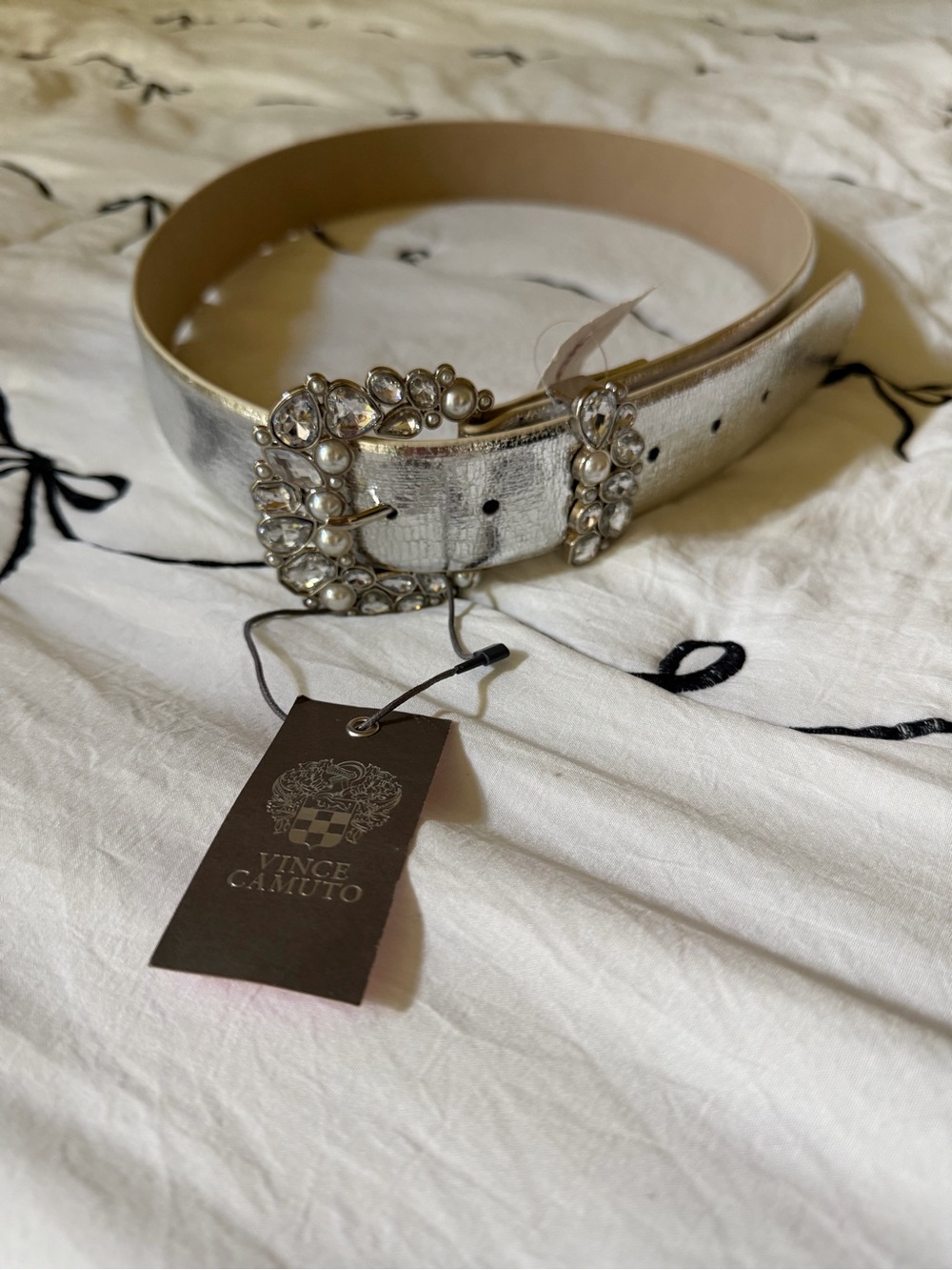 Vince Camuto Metallic Silver Leather Belt with Crystal & Pearl Buckle